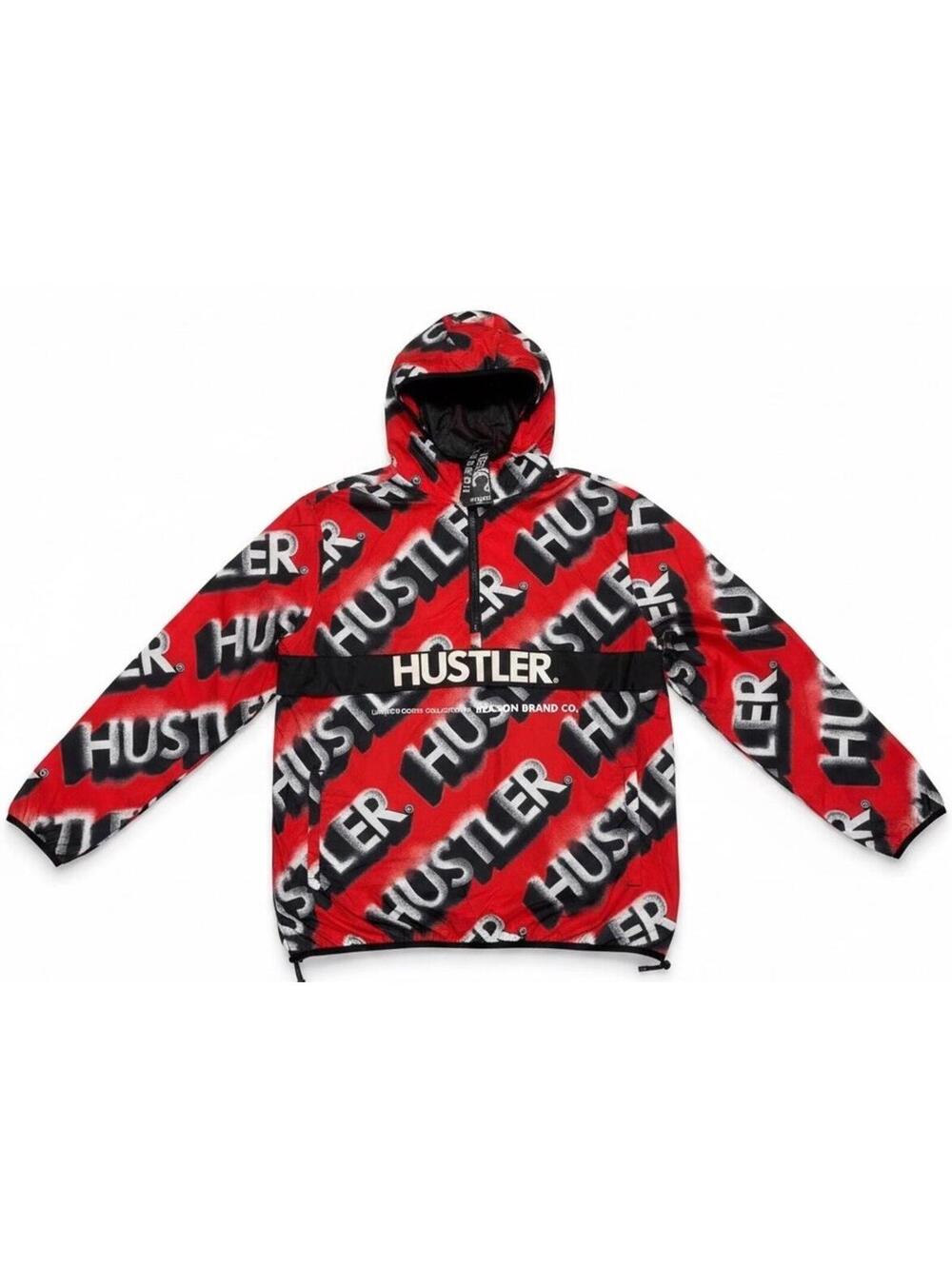 Reason Hustler Jacket Men’s XL Half-Zip Anorak Red Black Hooded Allover Print